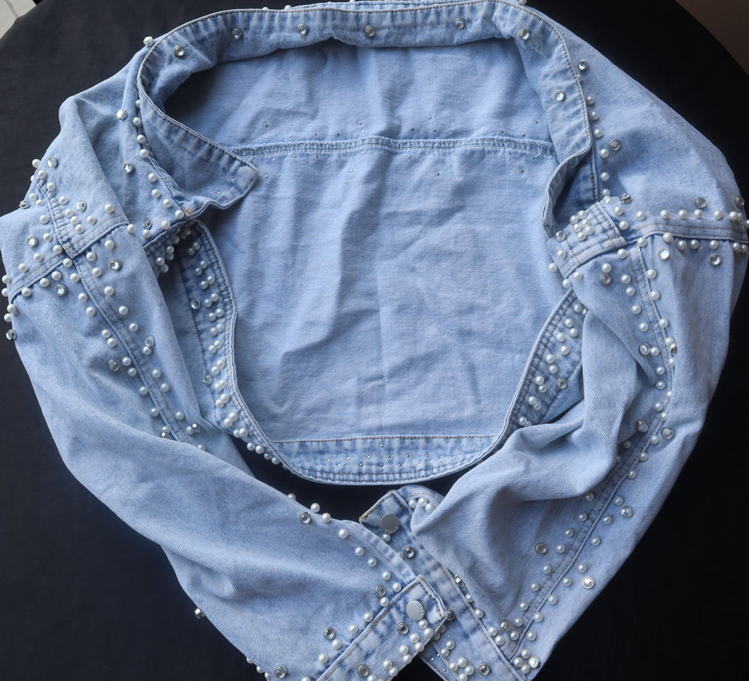 Embroidered Pearl Studded Cropped Jean Jacket - Pamela's Younique Boutique
